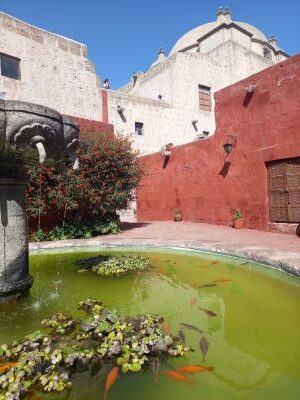 Foto de una fuente con peces naranjas en en el interior del Monasterio de Santa Catalina en Arequipa.